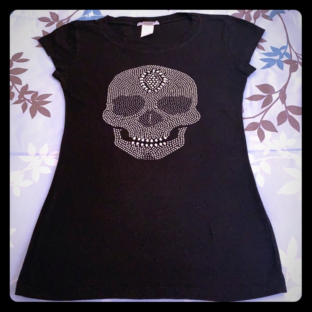 Davida Super Cute Rhinestone Skeleton Head Tee SzS